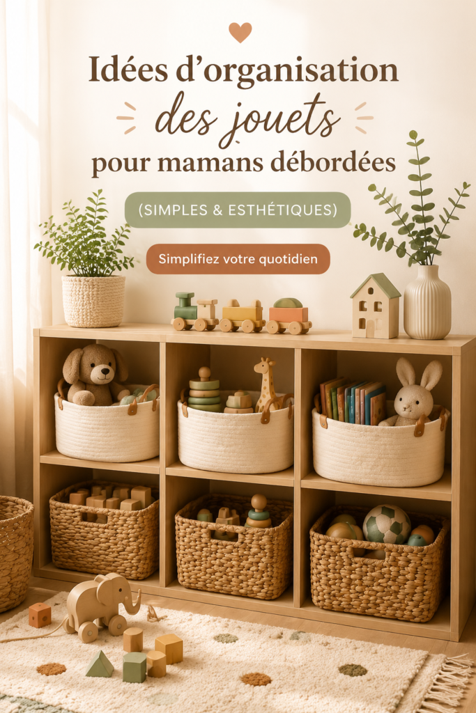 Un espace de jeu bien organisé avec des jouets rangés dans des bacs colorés.