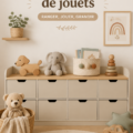 Espace de jeu bien organisé avec des bacs de rangement pour jouets.