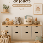 Espace de jeu bien organisé avec des bacs de rangement pour jouets.