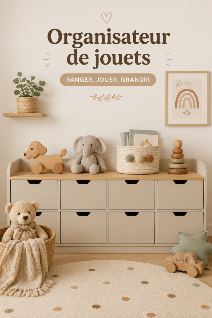 Espace de jeu bien organisé avec des bacs de rangement pour jouets.