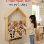 Un coin de jeu bien rangé avec des peluches organisées sur une étagère