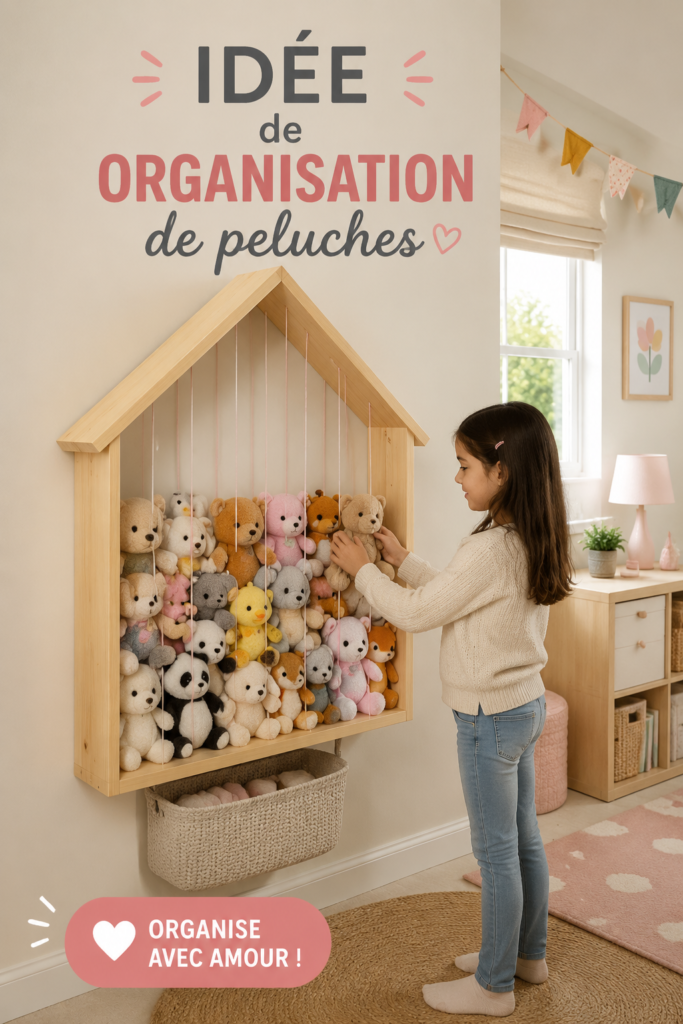 Un coin de jeu bien rangé avec des peluches organisées sur une étagère