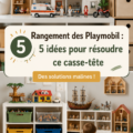 Des Playmobil bien rangés dans une étagère colorée