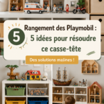 Des Playmobil bien rangés dans une étagère colorée