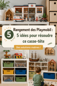 Des Playmobil bien rangés dans une étagère colorée