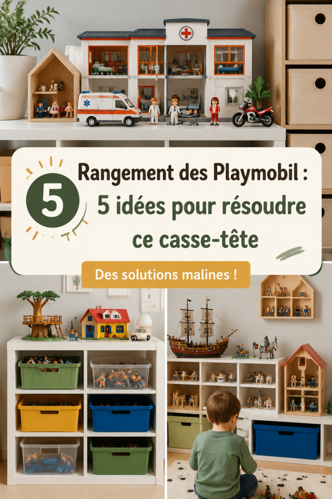 Des Playmobil bien rangés dans une étagère colorée