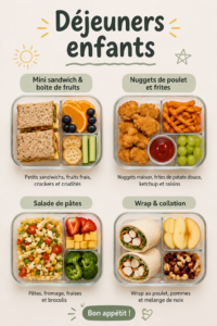Recettes de boîtes à lunch saines pour enfants avec fruits et légumes colorés
