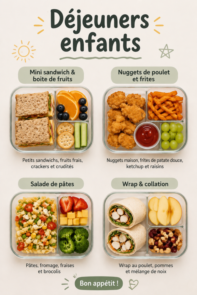 Recettes de boîtes à lunch saines pour enfants avec fruits et légumes colorés