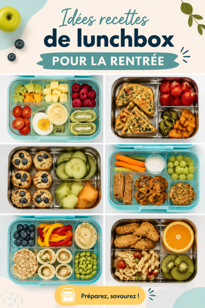 Lunchbox colorée avec divers plats sains pour la rentrée scolaire.