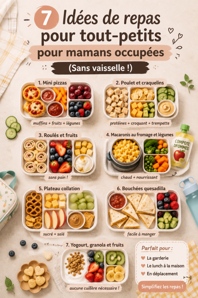 Repas préparés pour enfants sur une table, sans désordre.