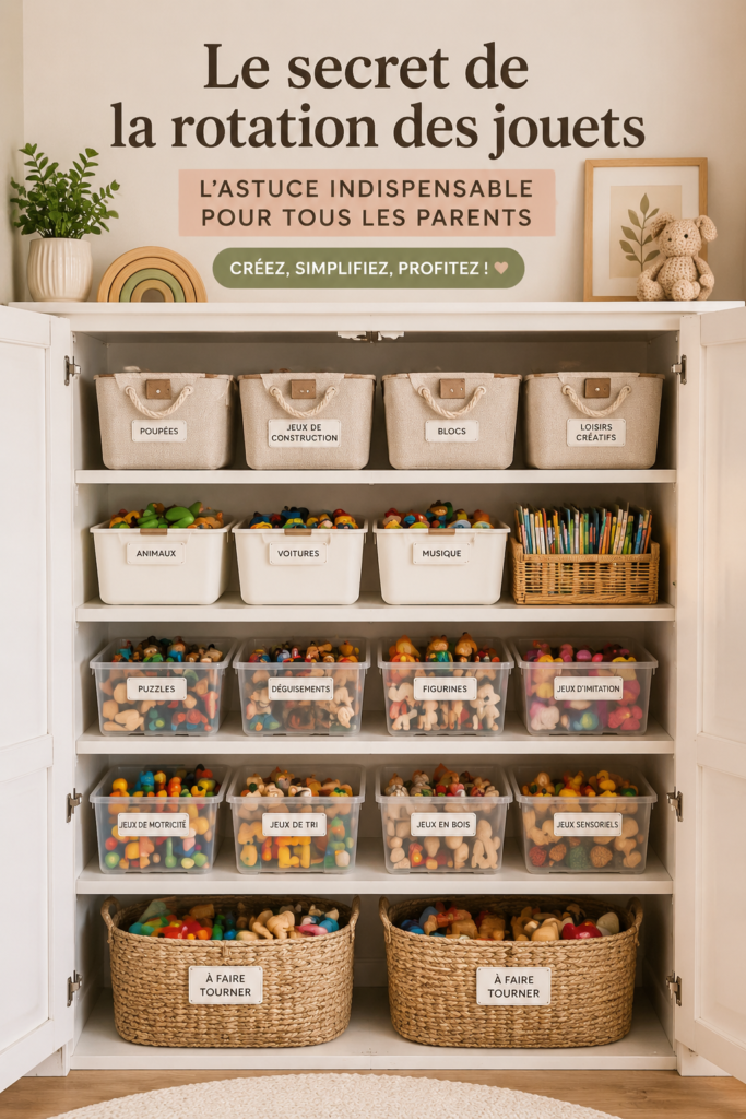 Des enfants jouant avec une sélection de jouets en rotation pour stimuler leur créativité.