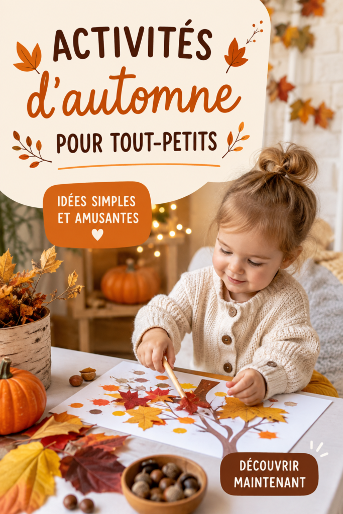 Un groupe de tout-petits portant des pulls colorés jouent dans un parc couvert de feuilles d'automne