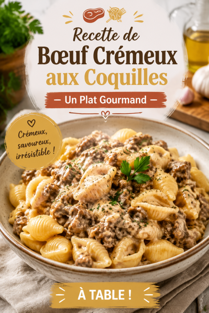 Plat de bœuf crémeux aux coquilles servi dans une assiette, idéal pour les enfants.