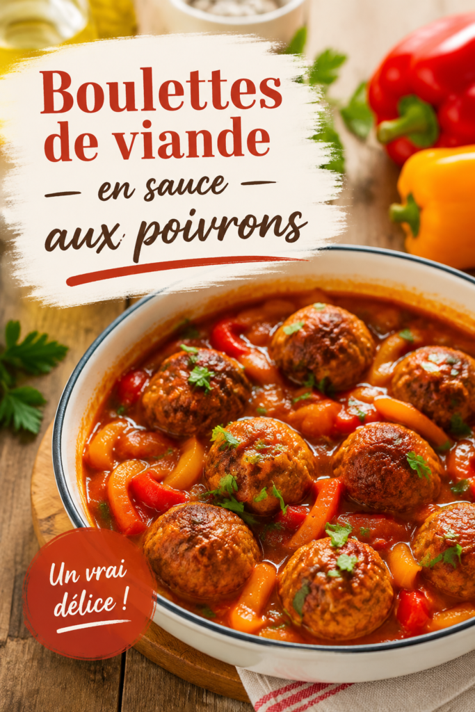 Boulettes de viande en sauce aux poivrons prêtes à être servies dans un plat coloré.