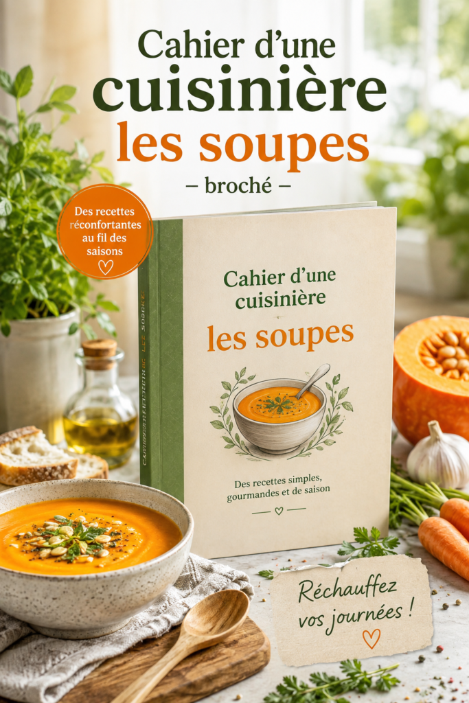 Couverture d'un cahier coloré pour les recettes de soupes avec des dessins d'enfants.
