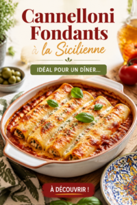 Cannelloni fondants à la sicilienne servies dans un plat en terre cuite avec du fromage gratiné.