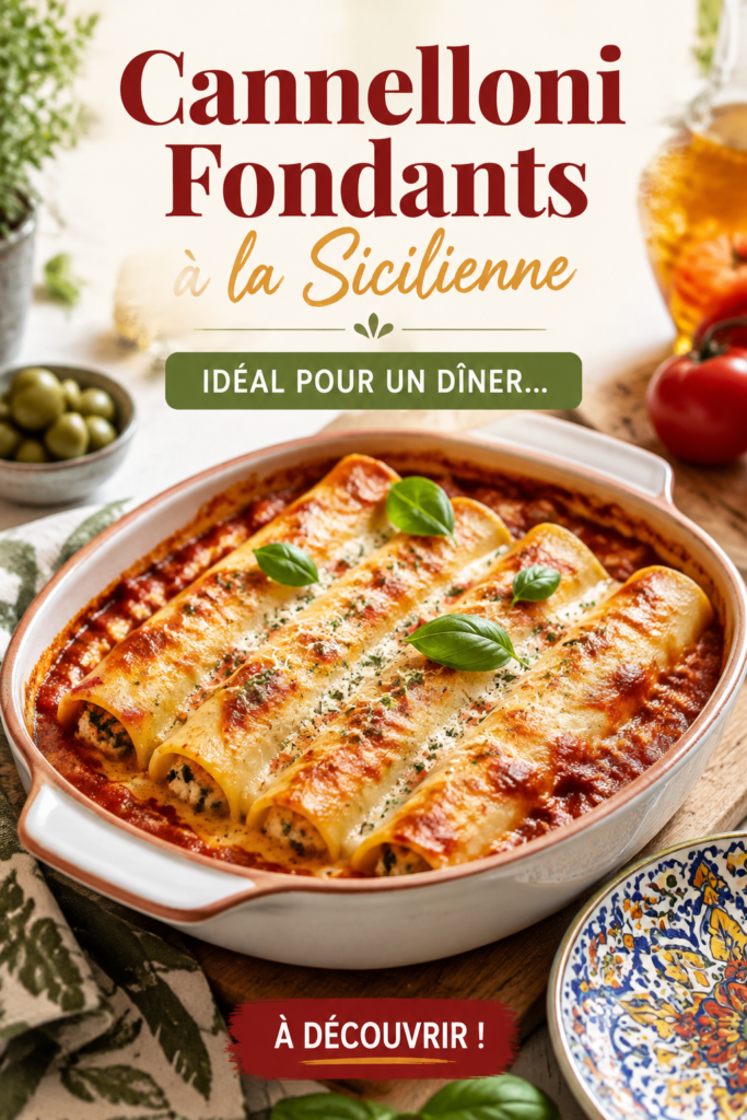 Cannelloni fondants à la sicilienne servies dans un plat en terre cuite avec du fromage gratiné.