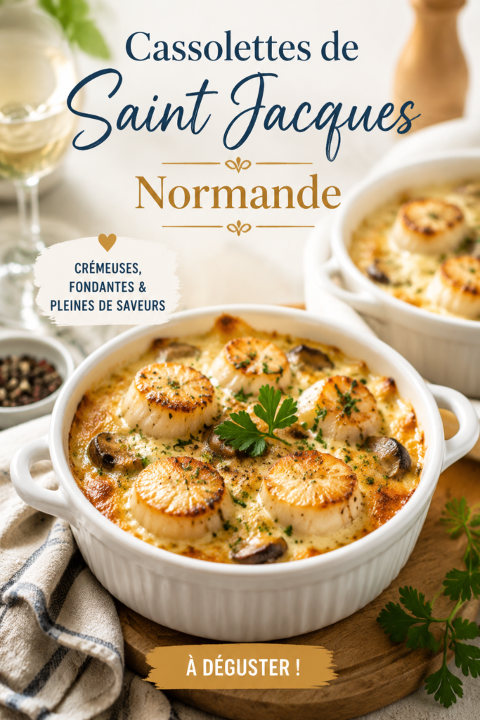 Cassolette de Saint Jacques normande présentée dans un plat en céramique.
