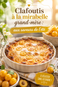 Un appétissant clafoutis à la mirabelle sur une table en bois.