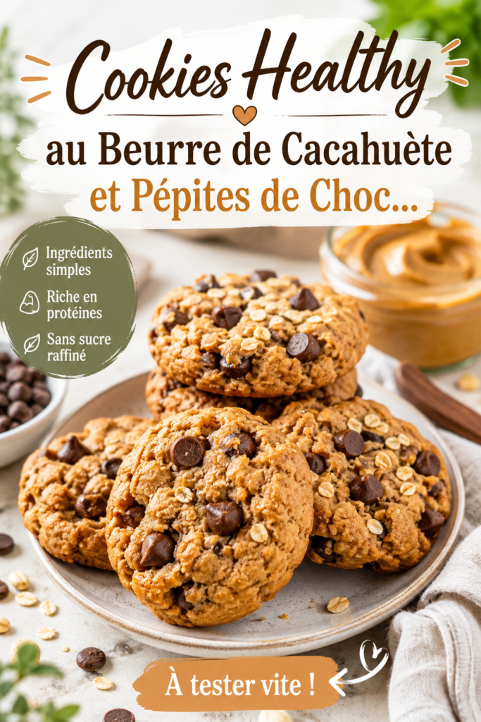 Cookies sains au beurre de cacahuète et pépites de chocolat, parfaits pour une collation gourmande.
