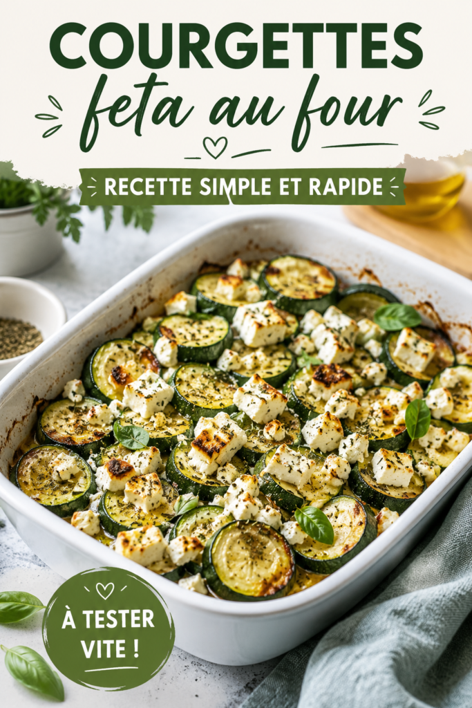 Des courgettes au four garnies de feta sur une assiette, prêtes à être dégustées.