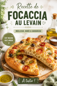 Focaccia au levain dorée tranchée sur une planche en bois.