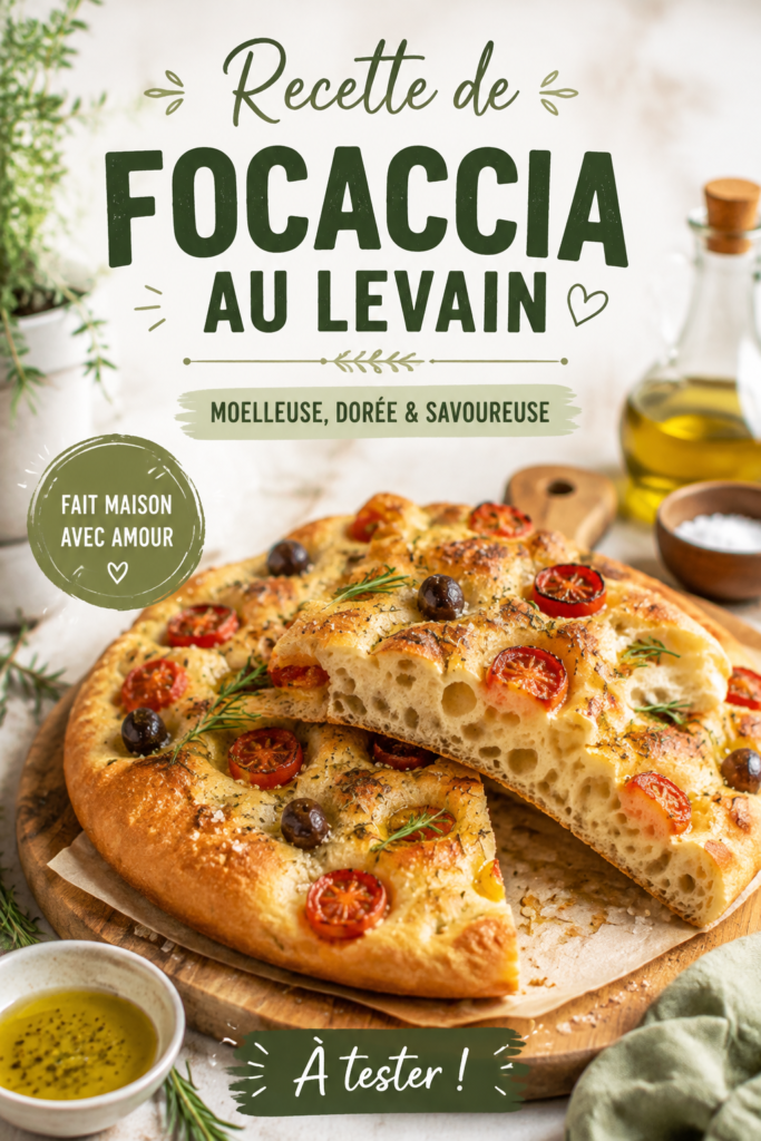 Focaccia au levain dorée tranchée sur une planche en bois.