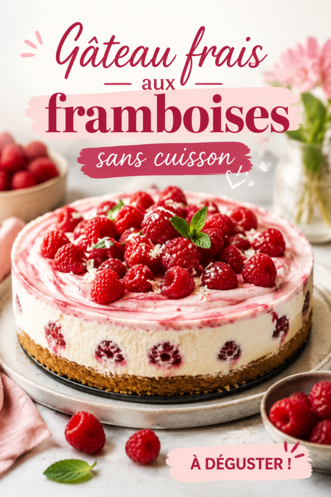 Gâteau frais aux framboises sans cuisson sur un plat élégant.