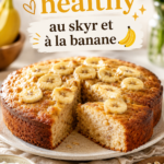 Gâteau healthy au skyr et à la banane, décoré de tranches de banane.