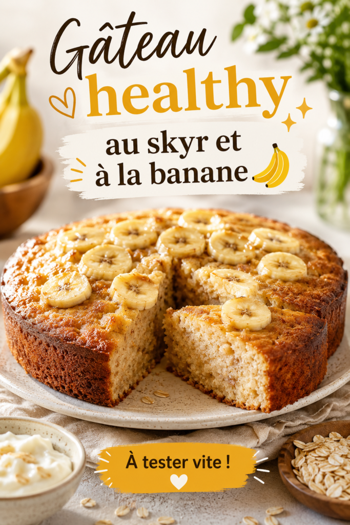Gâteau healthy au skyr et à la banane, décoré de tranches de banane.