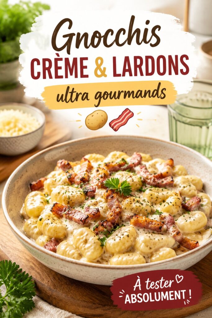 Plat de gnocchis crémeux aux lardons, parfait pour un déjeuner gourmand.