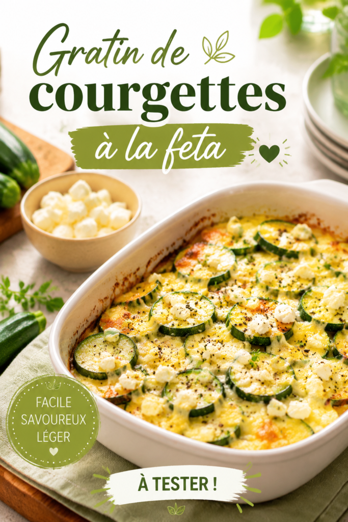 Gratin de courgettes à la feta doré, servi dans un plat à gratin.