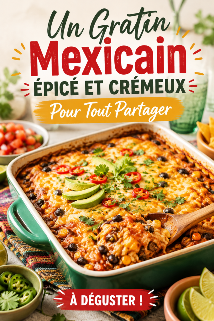 Gratin mexicain épicé et crémeux dans un plat en verre, prêt à être servi.