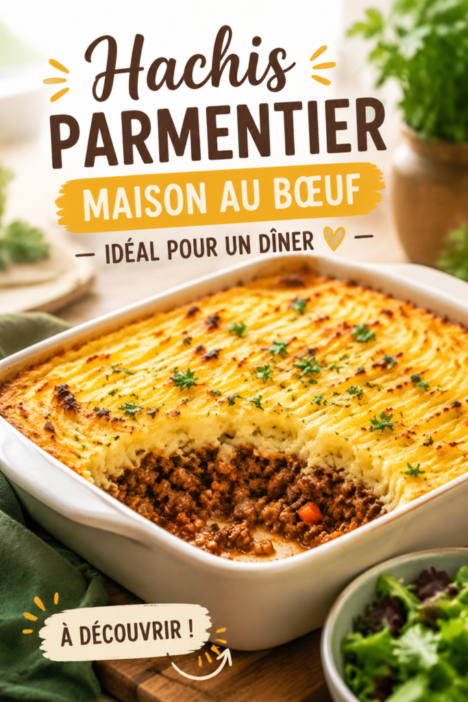 Un plat de hachis parmentier au bœuf servi dans une assiette, décoré de persil frais.