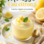 Mousse au citron légère servie dans des coupes en verre, garnie de zestes de citron et de menthe.