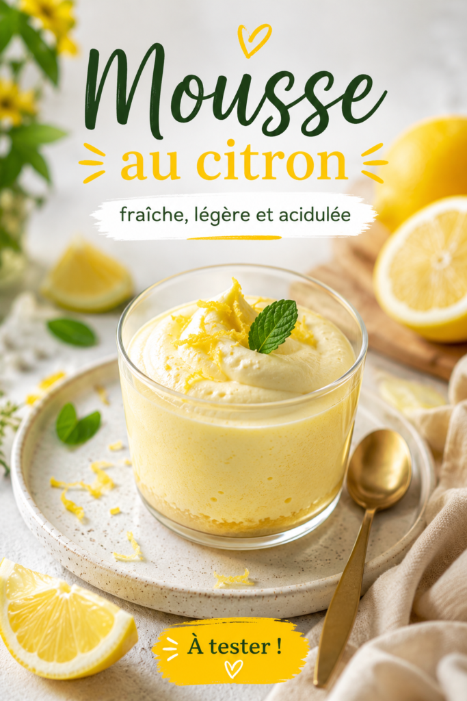 Mousse au citron légère servie dans des coupes en verre, garnie de zestes de citron et de menthe.