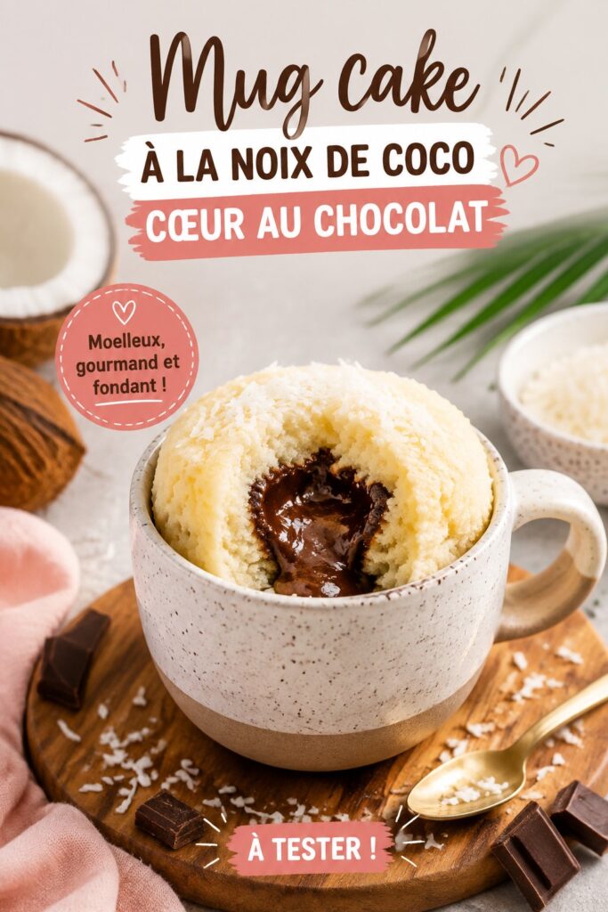 Mug cake à la noix de coco avec un cœur fondant au chocolat, servi dans une tasse colorée.