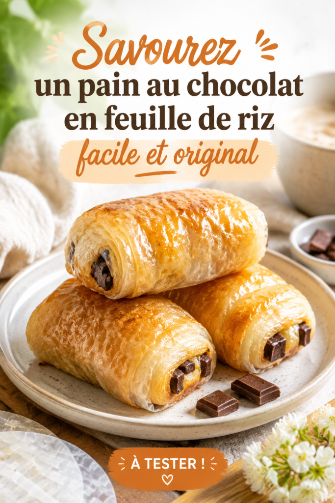 Pain au chocolat en feuille de riz découpé, savoureux et croustillant, parfait pour les enfants.