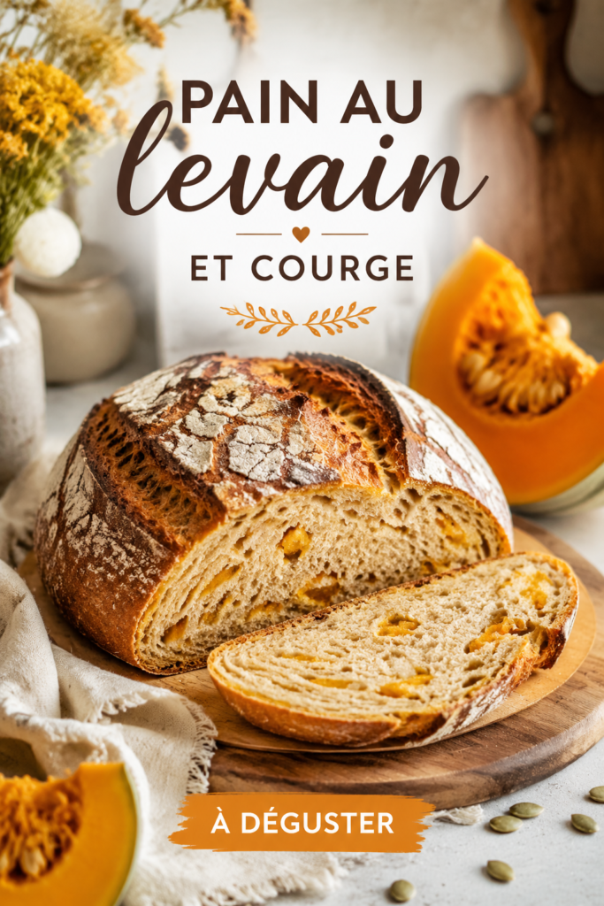 Pain au levain et à la courge, doré et moelleux, présenté sur une table en bois.