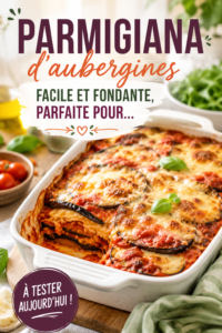 Plat de parmigiana d'aubergines fondante et colorée, prête à être servie.
