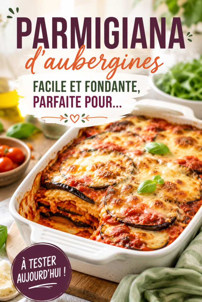 Plat de parmigiana d'aubergines fondante et colorée, prête à être servie.