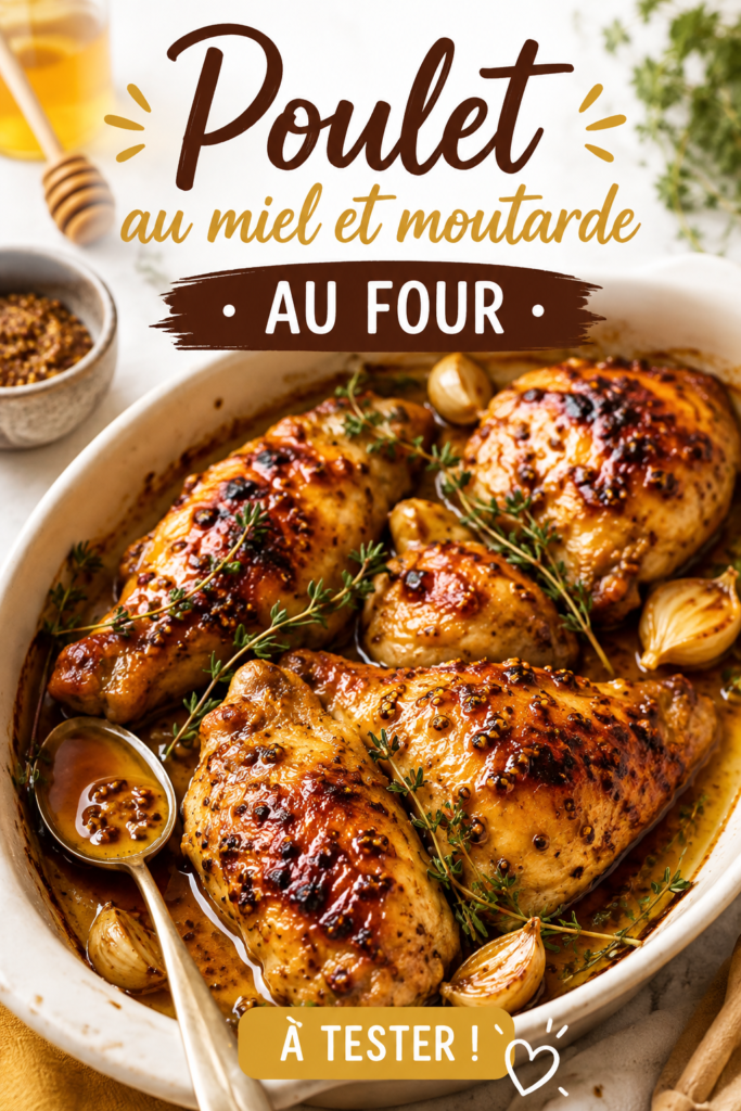 Plat de poulet au miel et moutarde cuit au four, servi avec des légumes colorés.