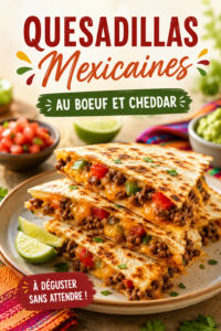 Quesadillas mexicaines au boeuf et cheddar dorées, prêtes à être servies.