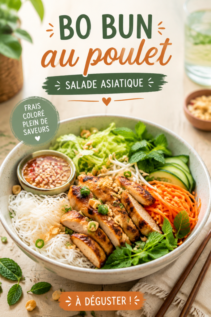 Un bo bun au poulet présenté dans un bol coloré, parfait pour un lunchbox.