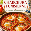Chakchouka tunisienne avec des œufs et des légumes colorés, prête à être servie.