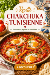 Chakchouka tunisienne avec des œufs et des légumes colorés, prête à être servie.