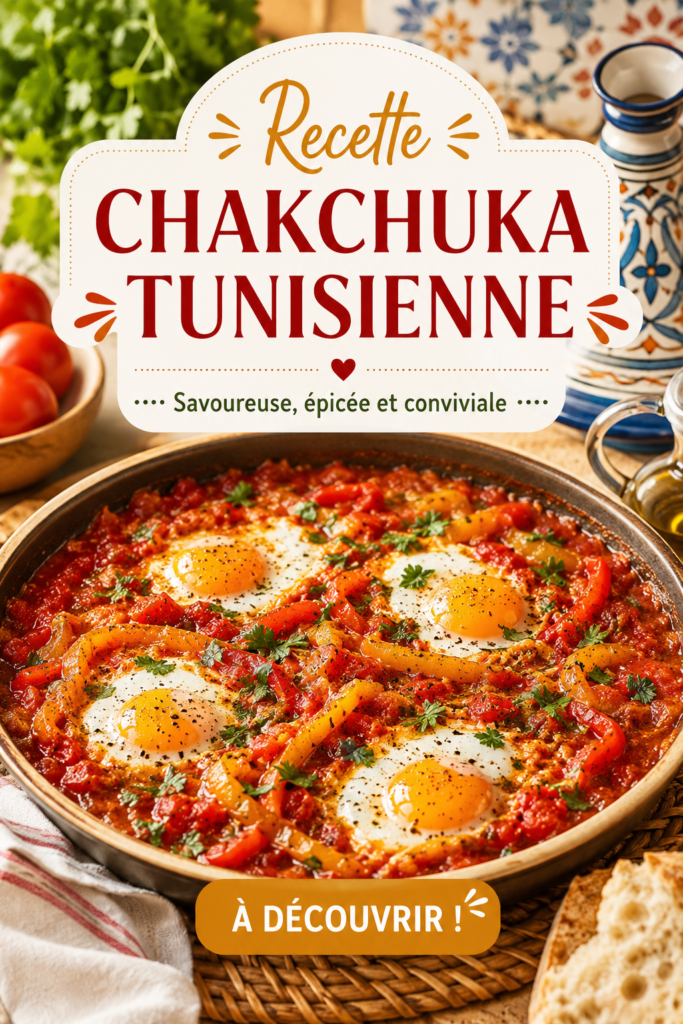 Chakchouka tunisienne avec des œufs et des légumes colorés, prête à être servie.