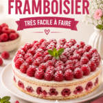 Un framboisier maison décoré de framboises fraîches sur un plat en bois