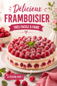 Un framboisier maison décoré de framboises fraîches sur un plat en bois