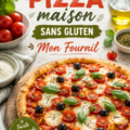 Pizza maison sans gluten garnie de légumes colorés, parfaite pour les enfants.